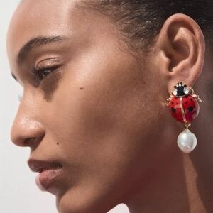 ZARA Red ladybug Earrings w Faux Pearl Drops | NWT